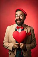 AI generated Portrait of a happy man with a red heart on Valentine's day concept. photo