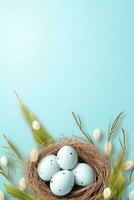 ai generado Pascua de Resurrección huevos en un nido en un azul antecedentes foto