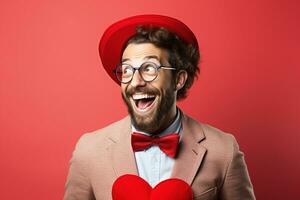 AI generated Portrait of a happy man with a red heart on Valentine's day concept. photo