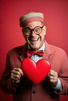 AI generated Portrait of a happy man with a red heart on Valentine's day concept. photo