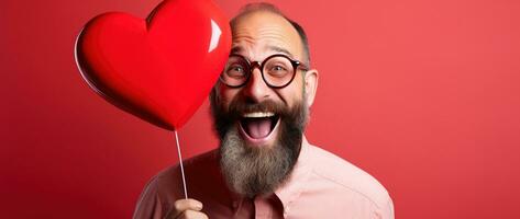 AI generated Portrait of a happy man with a red heart on Valentine's day concept. photo