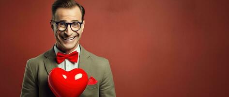 AI generated Portrait of a happy man with a red heart on Valentine's day concept. photo