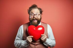AI generated Portrait of a happy man with a red heart on Valentine's day concept. photo
