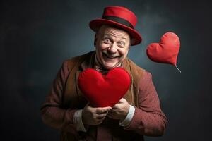 ai generado retrato de un contento hombre con un rojo corazón en San Valentín día concepto. foto