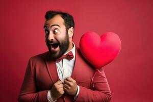 AI generated Portrait of a happy man with a red heart on Valentine's day concept. photo