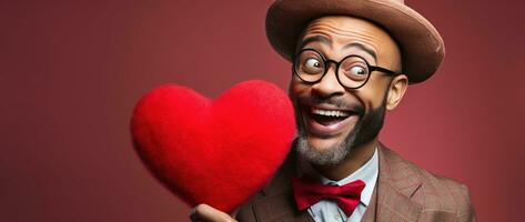 AI generated Portrait of a happy man with a red heart on Valentine's day concept. photo