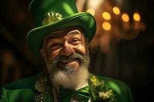 AI generated Portrait of a happy leprechaun with clover leaves. St. Patrick's Day. photo