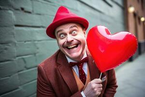 ai generado retrato de un contento hombre con un rojo corazón en San Valentín día concepto. foto