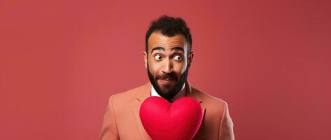 AI generated Portrait of a happy man with a red heart on Valentine's day concept. photo
