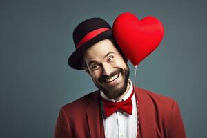 AI generated Portrait of a happy man with a red heart on Valentine's day concept. photo