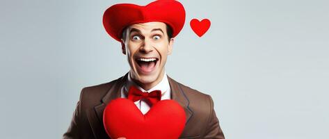 AI generated Portrait of a happy man with a red heart on Valentine's day concept. photo