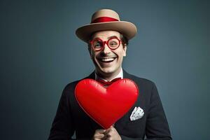 AI generated Portrait of a happy man with a red heart on Valentine's day concept. photo