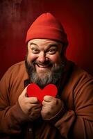 AI generated Portrait of a happy man with a red heart on Valentine's day concept. photo