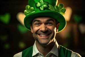 AI generated Portrait of a happy leprechaun with clover leaves. St. Patrick's Day. photo
