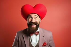 AI generated Portrait of a happy man with a red heart on Valentine's day concept. photo