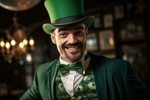 AI generated Portrait of a happy leprechaun with clover leaves. St. Patrick's Day. photo