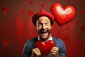 AI generated Portrait of a happy man with a red heart on Valentine's day concept. photo