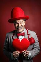 ai generado retrato de un contento hombre con un rojo corazón en San Valentín día concepto. foto