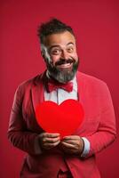 AI generated Portrait of a happy man with a red heart on Valentine's day concept. photo