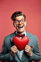 AI generated Portrait of a happy man with a red heart on Valentine's day concept. photo