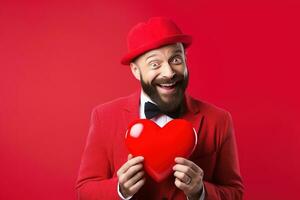 AI generated Portrait of a happy man with a red heart on Valentine's day concept. photo