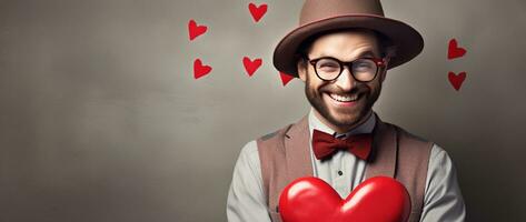 AI generated Portrait of a happy man with a red heart on Valentine's day concept. photo