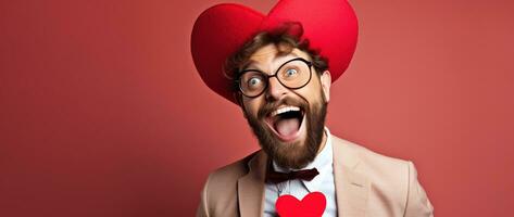 AI generated Portrait of a happy man with a red heart on Valentine's day concept. photo