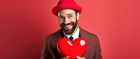 AI generated Portrait of a happy man with a red heart on Valentine's day concept. photo