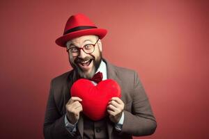 ai generado retrato de un contento hombre con un rojo corazón en San Valentín día concepto. foto