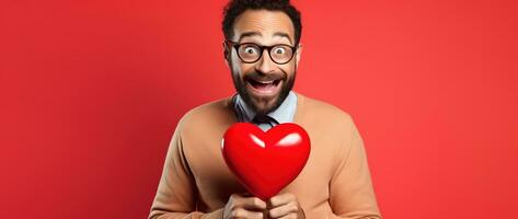 AI generated Portrait of a happy man with a red heart on Valentine's day concept. photo