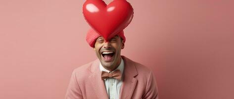 AI generated Portrait of a happy man with a red heart on Valentine's day concept. photo