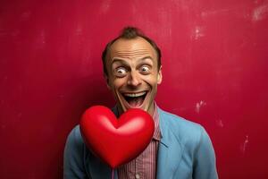 ai generado retrato de un contento hombre con un rojo corazón en San Valentín día concepto. foto