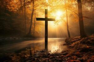 AI generated Cross in the forest with sun rays coming through the trees photo