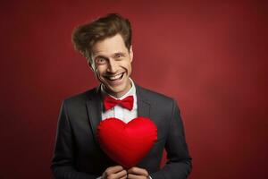 ai generado retrato de un contento hombre con un rojo corazón en San Valentín día concepto. foto