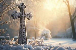 AI generated Cross in the winter forest. Christian cross in the snowy forest. photo