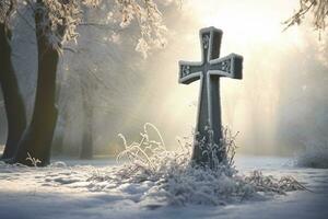 AI generated Cross in the winter forest. Christian cross in the snowy forest. photo