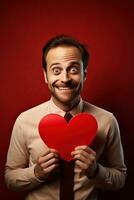 AI generated Portrait of a happy man with a red heart on Valentine's day concept. photo