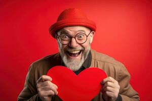 ai generado retrato de un contento hombre con un rojo corazón en San Valentín día concepto. foto