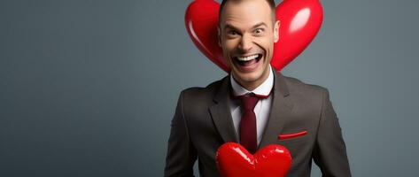 AI generated Portrait of a happy man with a red heart on Valentine's day concept. photo