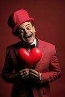 AI generated Portrait of a happy man with a red heart on Valentine's day concept. photo