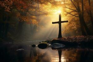 AI generated Cross in the forest with sun rays coming through the trees photo