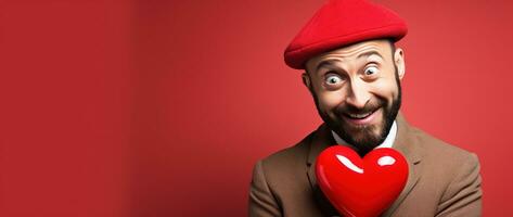 ai generado retrato de un contento hombre con un rojo corazón en San Valentín día concepto. foto