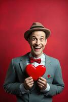 AI generated Portrait of a happy man with a red heart on Valentine's day concept. photo