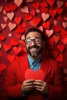 AI generated Portrait of a happy man with a red heart on Valentine's day concept. photo