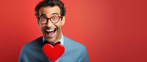AI generated Portrait of a happy man with a red heart on Valentine's day concept. photo