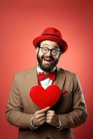 AI generated Portrait of a happy man with a red heart on Valentine's day concept. photo