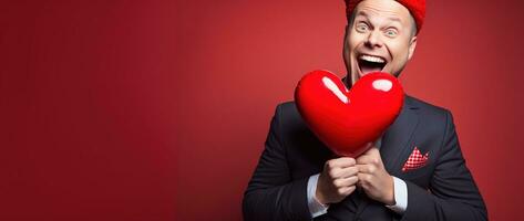 AI generated Portrait of a happy man with a red heart on Valentine's day concept. photo