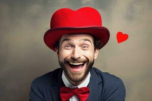 AI generated Portrait of a happy man with a red heart on Valentine's day concept. photo