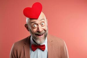 ai generado retrato de un contento hombre con un rojo corazón en San Valentín día concepto. foto