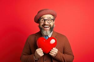 AI generated Portrait of a happy man with a red heart on Valentine's day concept. photo